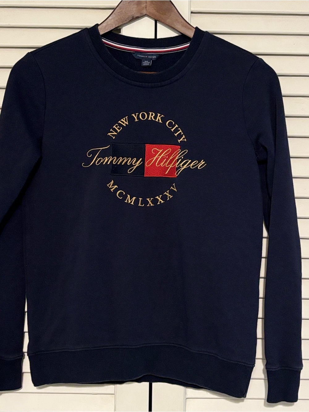 Tommy Hilfiger Navy Crewneck Sweater with Gold & Red Logo